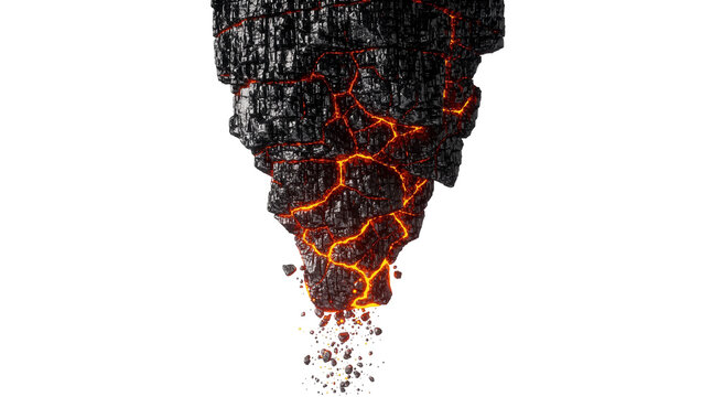 Cracked volcanic rock formation with glowing orange lava fissures, isolated on transparent background