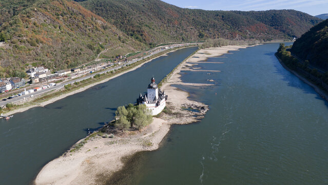 Aerial view of Rhine Low Water Bottleneck at Kaub with Burg Pfalzgrafenstein