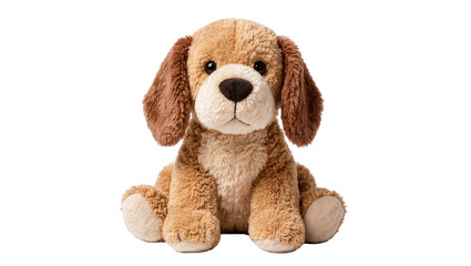 Fluffy brown plush puppy dog toy sitting, isolated on transparent background © PICSPRO