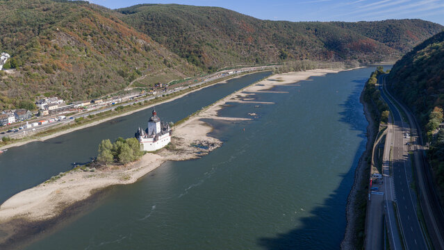 Aerial view of Rhine Low Water Bottleneck at Kaub with Burg Pfalzgrafenstein