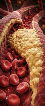 Realistic 3D medical illustration of a human artery clogged with yellow cholesterol plaque showing blood cell circulation.