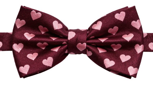 Burgundy bow tie with pink hearts pattern, isolated on transparent background