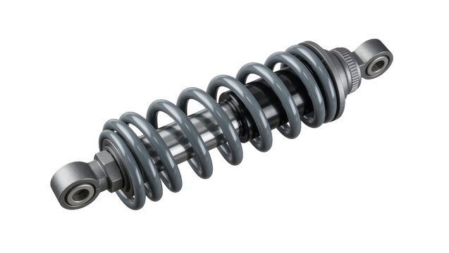 Gray metal coilover shock absorber with threaded adjustment collar, isolated on transparent background