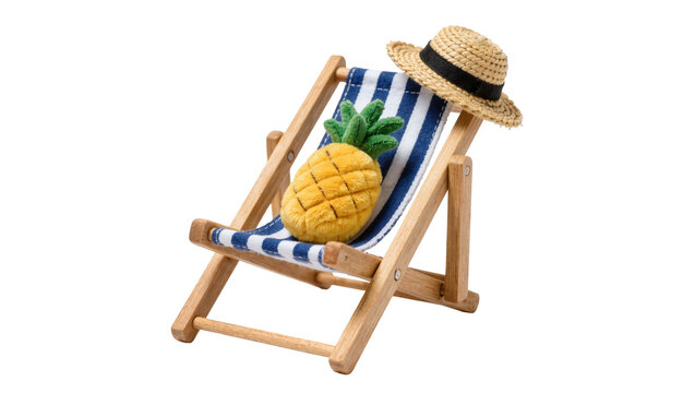 Plush pineapple and straw hat on striped deck chair, isolated on transparent background