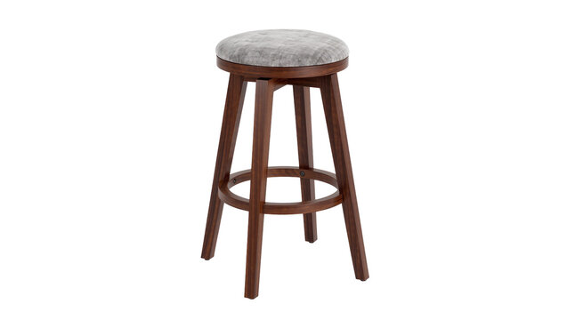 Round upholstered bar stool with wooden legs, isolated on transparent background