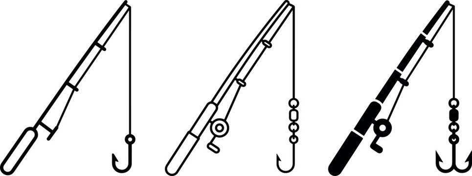 Fishing rods, fishing poles, and tackle icons vector set in outline and solid black styles
