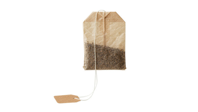 Brown paper tea bag with string and tag, isolated on transparent background