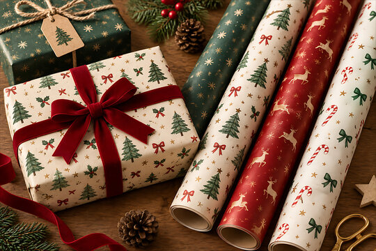 Papeles para envolver regalo con patr&oacute;n navide&ntilde;o
