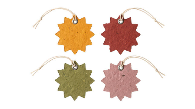 Four colorful star shaped paper price tags with strings isolated on transparent background