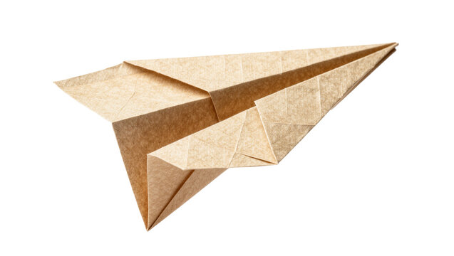 Brown textured paper airplane folded from a single sheet, isolated on transparent background