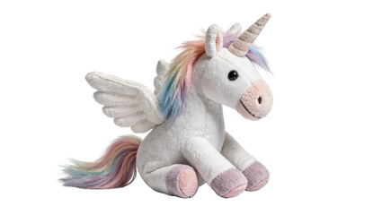 Fluffy white plush pegasus unicorn with rainbow mane and tail, isolated on transparent background © PICSPRO