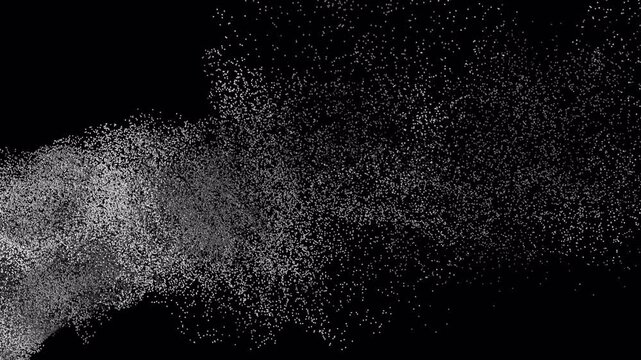 Diagonal cloud of flying dust particles streaking across dark space, 3D render