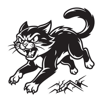 Black cat vector illustration, angry feline mascot leaping with bared teeth