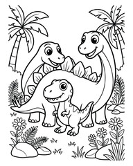 Cute cartoon dinosaurs in a prehistoric jungle coloring page for kids © Rabiul