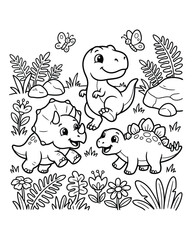 Cute cartoon dinosaurs playing in a prehistoric forest coloring page © Rabiul