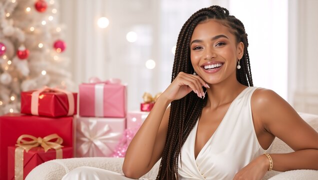 Smiling young Black woman with braided hair. Festive Christmas background with white tree and wrapped gifts. Holiday celebration concept