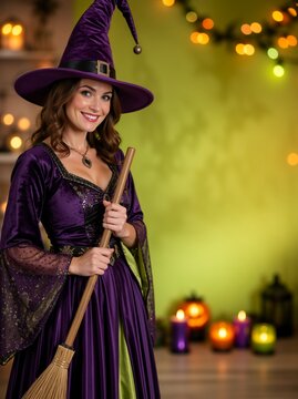 Vertical portrait of a smiling young woman in a purple witch costume holding a broom. Happy adult celebrating Halloween with pumpkins and lights
