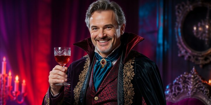 Smiling middle aged man in vampire costume holding a glass of red wine. Gothic aristocrat character portrait for Halloween party