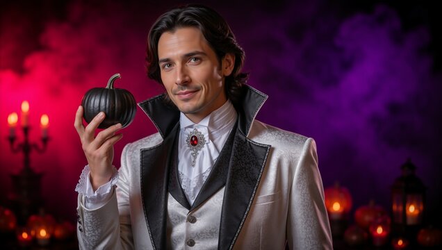 Caucasian man in elegant white vampire costume holding a black pumpkin. Gothic Halloween portrait with purple and red smoke background