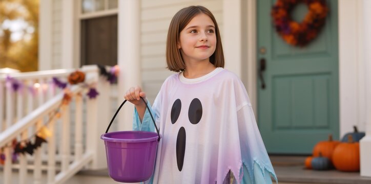 Young girl in a ghost costume holding a purple bucket for trick or treating. Happy child standing outside a decorated house on Halloween. Autumn holiday concept