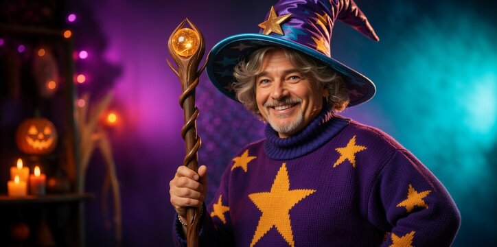 Smiling middle aged man in a wizard costume holding a glowing staff. Happy male sorcerer wearing a purple star sweater and hat for Halloween. Magical atmospheric background