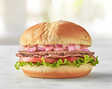 Gourmet sliced roast beef sandwich on toasted golden bun with fresh crisp green lettuce juicy red tomato slices chopped red onions tangy cream sauce served on white marble tabletop surface.
