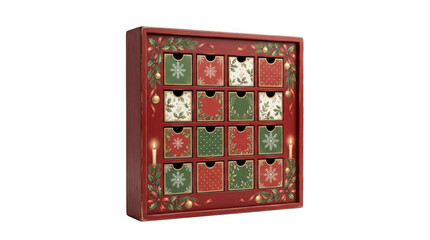 Obraz premium Wooden christmas advent calendar with small drawers isolated on transparent background