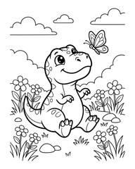 Cute baby dinosaur sitting in a flower meadow with a butterfly © Rabiul