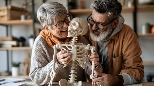 Elderly couple laughing while assembling a plastic skeleton