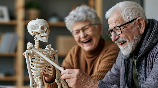 Elderly couple laughing while assembling a plastic skeleton model