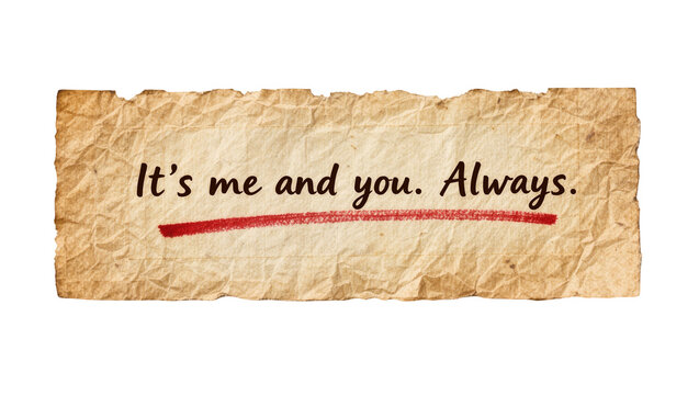 Torn parchment paper with handwritten text It s me and you Always underlined in red, isolated on transparent background