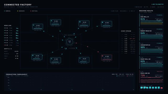 Visualize a connected factory dashboard showcasing machine health streaming across production lines with real-time data updates and health indicators in vibrant colors.