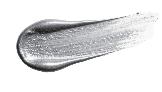 Metallic silver paint smear with textured surface, isolated on transparent background