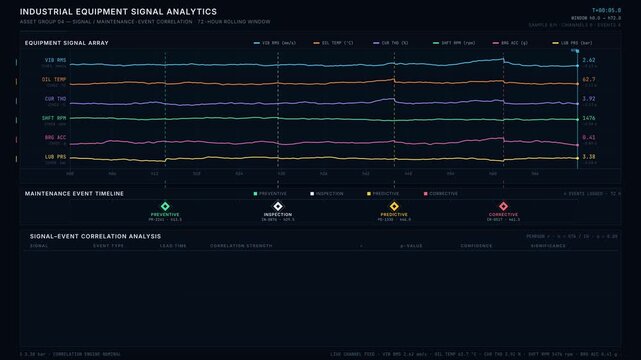 Industrial data dashboard showcasing correlated equipment signals and maintenance events with vibrant color-coded visualizations and analytical insights for effective monitoring.