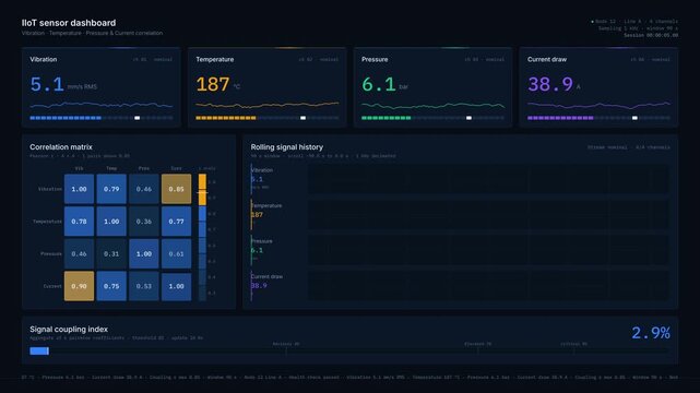 A dark-mode industrial IIoT sensor dashboard displays real-time data for vibration, temperature, pressure, and current correlation with animated visualizations and interactive elements.
