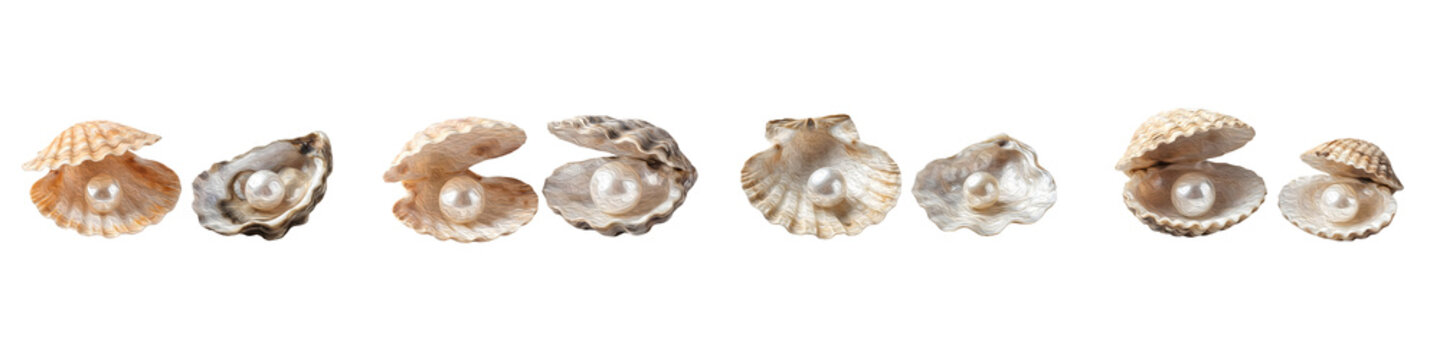 A composite image of open seashells and oysters containing precious white pearls, displayed in four sets from different angles, isolated on a clean white background.