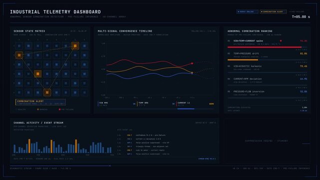 An industrial telemetry dashboard visualizes abnormal sensor combinations indicating pre-failure conditions with dynamic animations and color-coded alerts for monitoring performance.