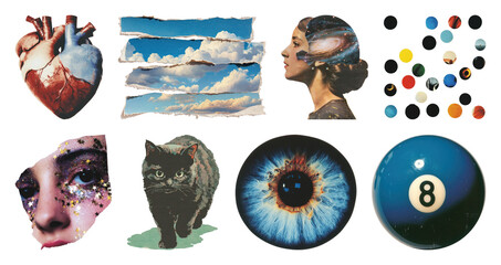Plakat PNG Surreal collage of retro art elements and pop culture icons, transparent background