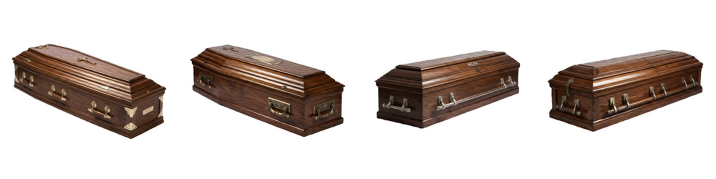 A composite image of a polished dark wooden coffin or casket with metallic handles, displayed from four different angles isolated on a clean white background.