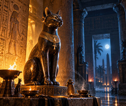 Bastet Cat Statue in Ancient Egyptian Temple at Night with Moonlight and Sacred Fire