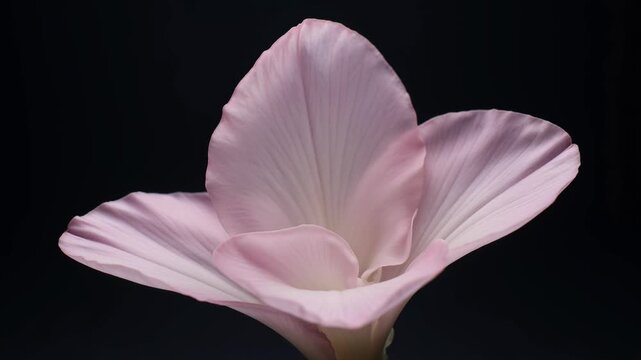 Close up of a delicate pink flower blooming against a solid black background.
