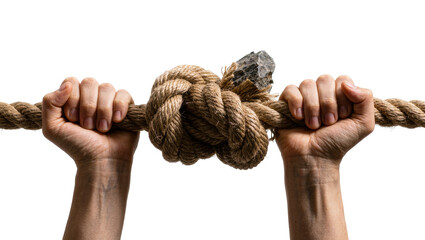 Human hands gripping thick rope with a stone embedded in knot, isolated on transparent background © PICSPRO