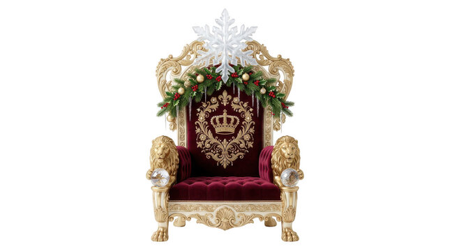 Ornate golden royal throne decorated for christmas holiday isolated on transparent background