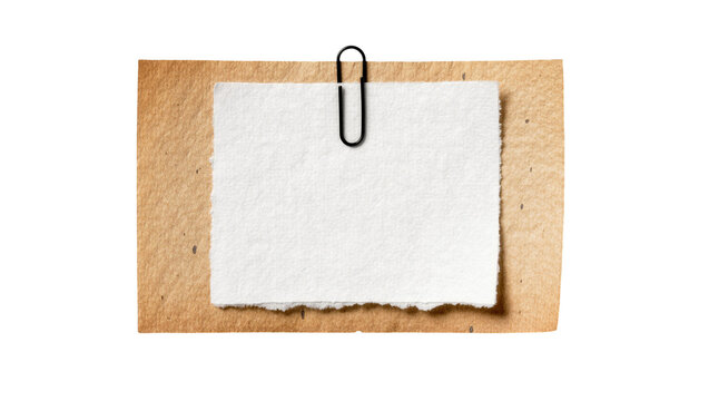 Rough textured brown paper layered with white paper secured by a black paperclip, isolated on transparent background