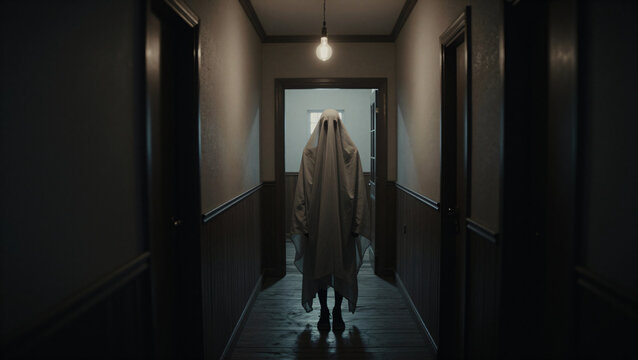 Creepy Silhouette of Old Sheet Ghost in Wooden Hallway