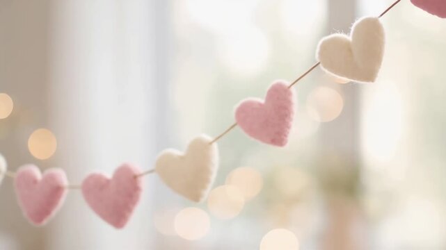 Felt heart garland with pink and white hearts and soft bokeh lights cozy pastel valentine's decoration closeup for home interiors