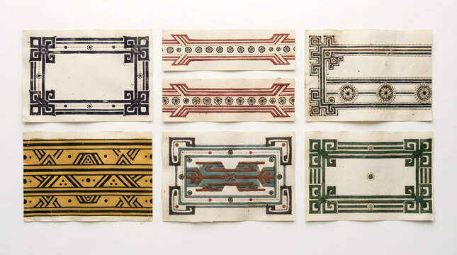 Set of vintage handmade decorative borders and frames on textured paper with geometric patterns