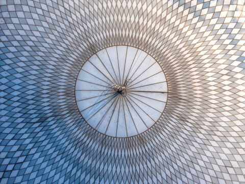 Aerial view of the geometric diamond-patterned roof of a large structure in Boyolali, Central Java, Indonesia.