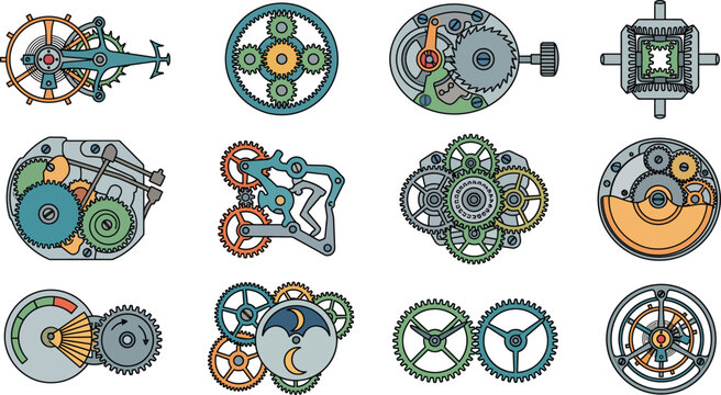 Diverse set of intricate mechanical gears and clockwork mechanisms flat vector illustrations ideal for engineering technology and industrial design