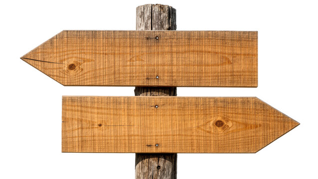 Two wooden direction signs pointing left and right, isolated on transparent background
